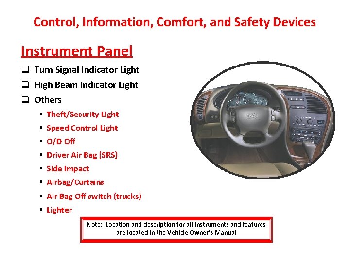 Control, Information, Comfort, and Safety Devices Instrument Panel q Turn Signal Indicator Light q