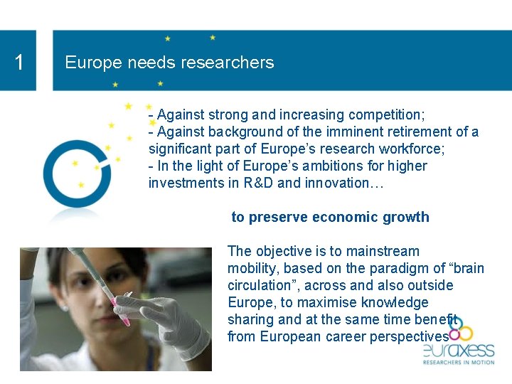 1 Europe needs researchers - Against strong and increasing competition; - Against background of