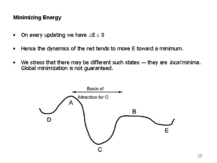 Minimizing Energy • On every updating we have DE 0 • Hence the dynamics