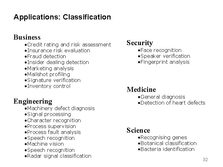 Applications: Classification Business • Credit rating and risk assessment • Insurance risk evaluation •