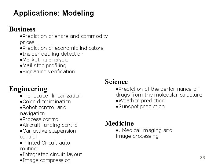 Applications: Modeling Business • Prediction of share and commodity prices • Prediction of economic