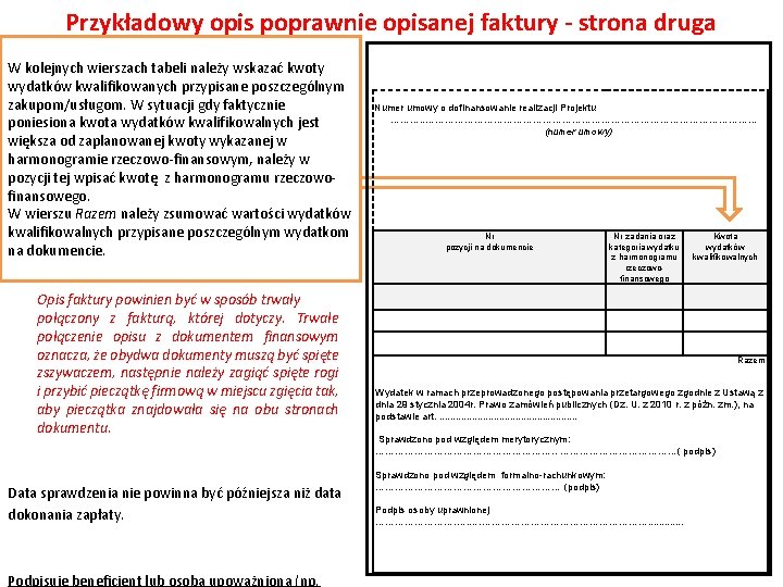 Przykładowy opis poprawnie opisanej faktury - strona druga W kolejnych wierszach tabeli należy wskazać