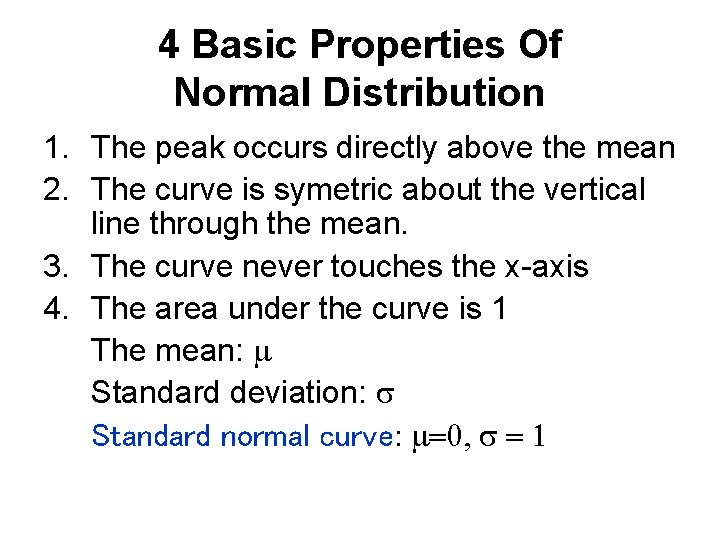 4 Basic Properties Of Normal Distribution 1. The peak occurs directly above the mean 4 Basic Properties Of Normal Distribution 1. The peak occurs directly above the mean