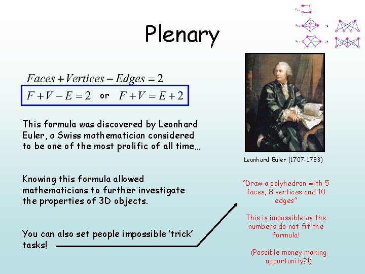 Plenary or This formula was discovered by Leonhard Euler, a Swiss mathematician considered to