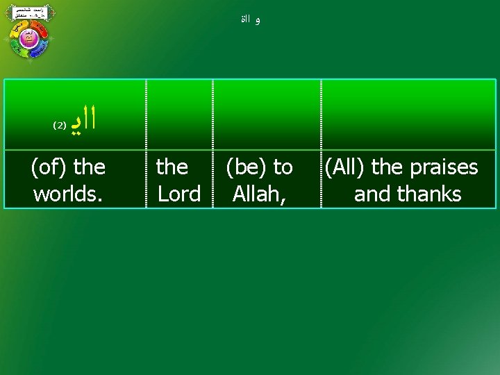  ﻭ ﺍﺍﺓ (2) ﺍﺍﻳ (of) the worlds. the Lord (be) to Allah, (All)