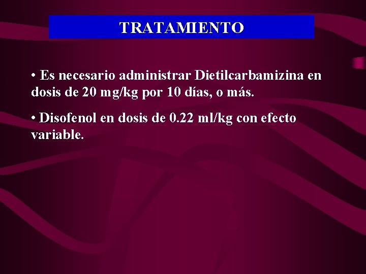 TRATAMIENTO • Es necesario administrar Dietilcarbamizina en dosis de 20 mg/kg por 10 días,