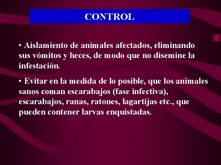 CONTROL • Aislamiento de animales afectados, eliminando sus vómitos y heces, de modo que