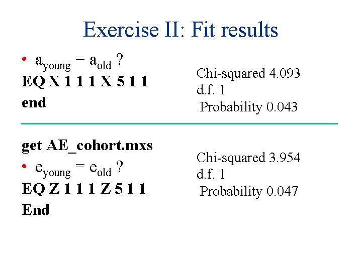 Exercise II: Fit results • ayoung = aold ? EQ X 1 1 1