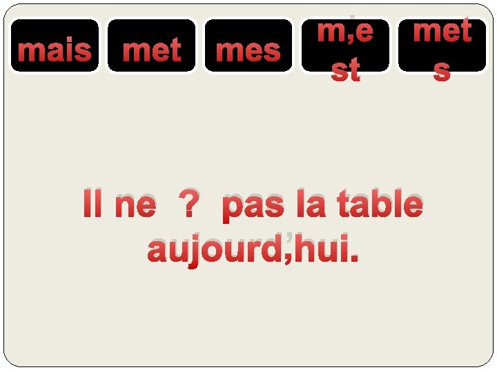 mais met mes m’e st met s Il ne ? pas la table aujourd’hui.