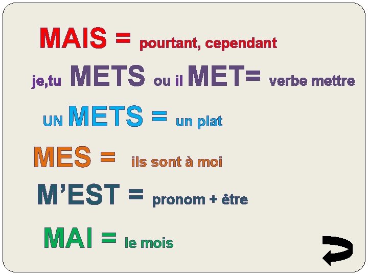 MAIS = pourtant, cependant je, tu METS ou il MET= verbe mettre UN METS