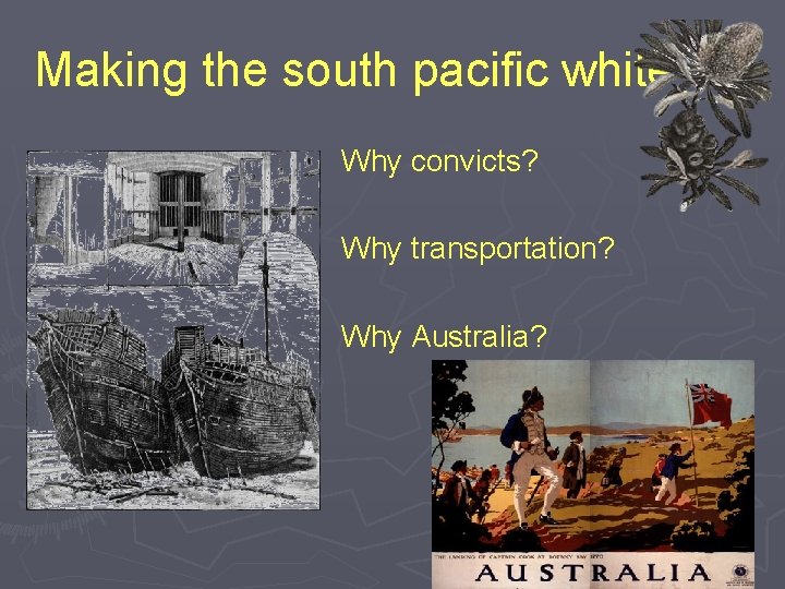 Making the south pacific white Why convicts? Why transportation? Why Australia? 
