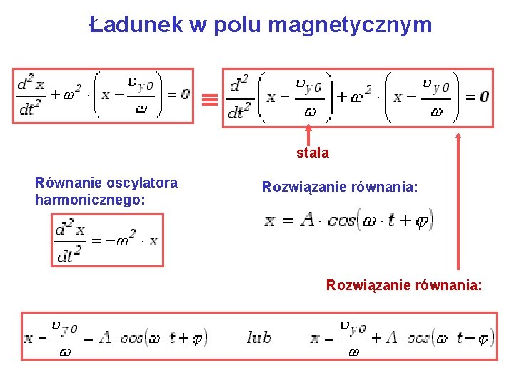 Ładunek w polu magnetycznym stała Równanie oscylatora harmonicznego: Rozwiązanie równania: 