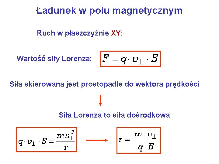 Ładunek w polu magnetycznym Ruch w płaszczyźnie XY: Wartość siły Lorenza: Siła skierowana jest