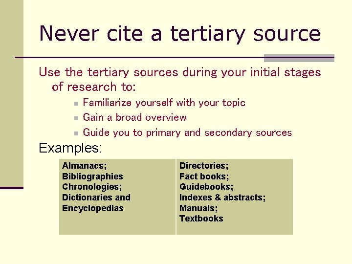 Never cite a tertiary source Use the tertiary sources during your initial stages of