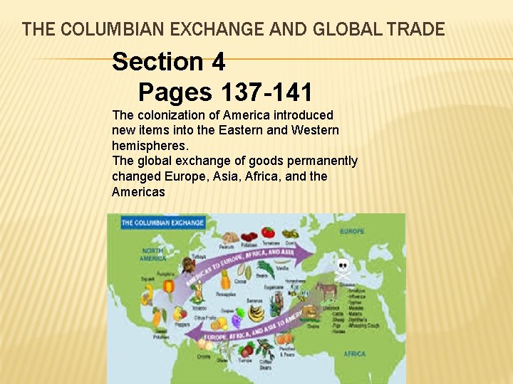 THE COLUMBIAN EXCHANGE AND GLOBAL TRADE Section 4 Pages 137 -141 The colonization of