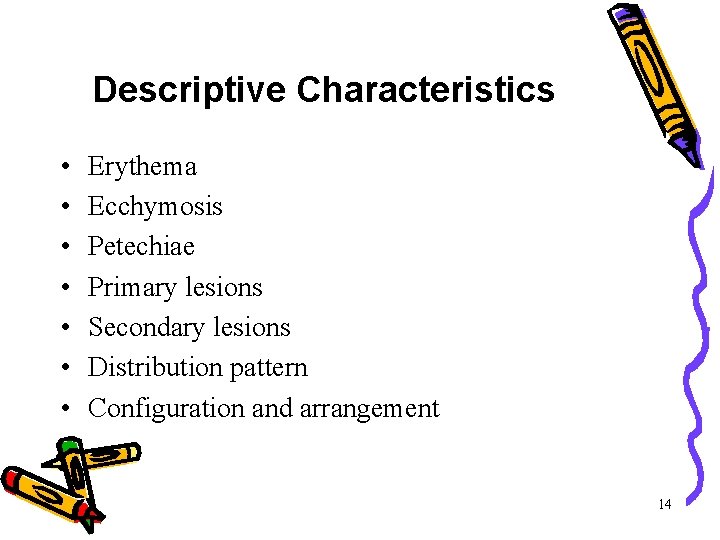 Descriptive Characteristics • • Erythema Ecchymosis Petechiae Primary lesions Secondary lesions Distribution pattern Configuration Descriptive Characteristics • • Erythema Ecchymosis Petechiae Primary lesions Secondary lesions Distribution pattern Configuration