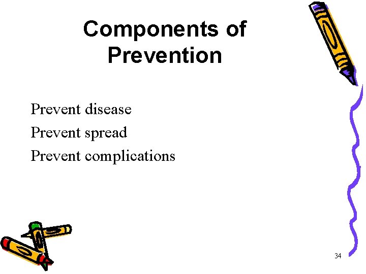 Components of Prevention Prevent disease Prevent spread Prevent complications 34 Components of Prevention Prevent disease Prevent spread Prevent complications 34