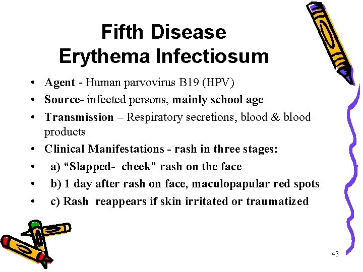 Fifth Disease Erythema Infectiosum • Agent - Human parvovirus B 19 (HPV) • Source- Fifth Disease Erythema Infectiosum • Agent - Human parvovirus B 19 (HPV) • Source-