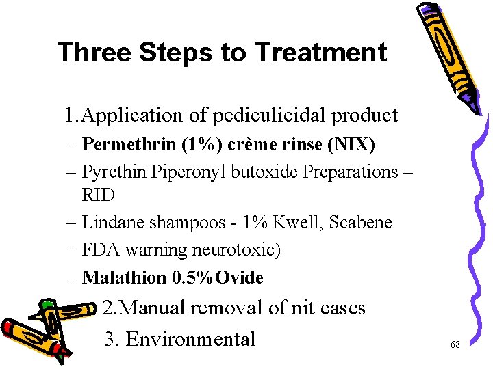 Three Steps to Treatment 1. Application of pediculicidal product – Permethrin (1%) crème rinse Three Steps to Treatment 1. Application of pediculicidal product – Permethrin (1%) crème rinse