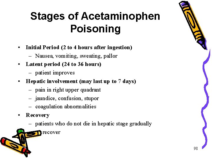 Stages of Acetaminophen Poisoning • Initial Period (2 to 4 hours after ingestion) – Stages of Acetaminophen Poisoning • Initial Period (2 to 4 hours after ingestion) –