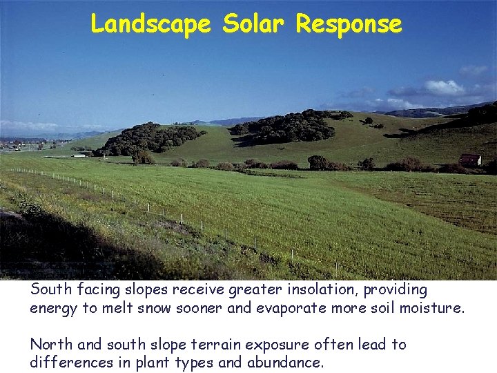 Landscape Solar Response South facing slopes receive greater insolation, providing energy to melt snow