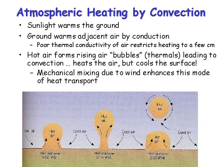 Atmospheric Heating by Convection • Sunlight warms the ground • Ground warms adjacent air