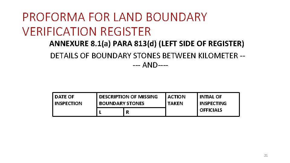 PROFORMA FOR LAND BOUNDARY VERIFICATION REGISTER ANNEXURE 8. 1(a) PARA 813(d) (LEFT SIDE OF