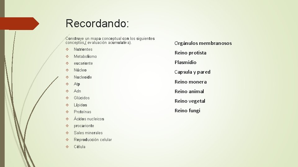 Recordando: Construye un mapa conceptual con los siguientes conceptos, ( evaluación acumulativa). Orgánulos membranosos