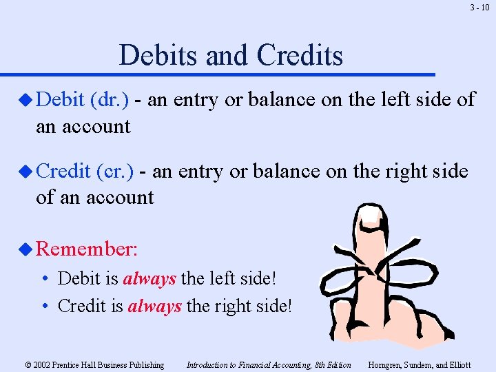 3 - 10 Debits and Credits u Debit (dr. ) - an entry or