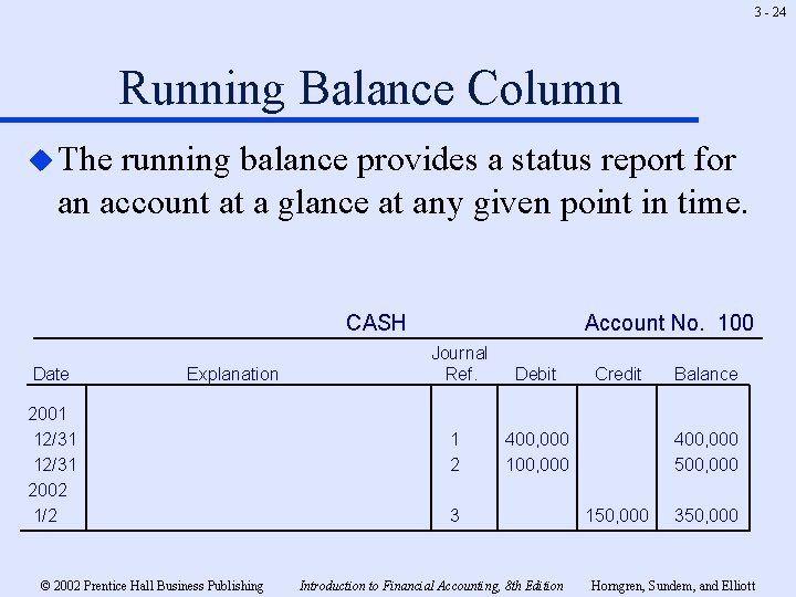 3 - 24 Running Balance Column u The running balance provides a status report