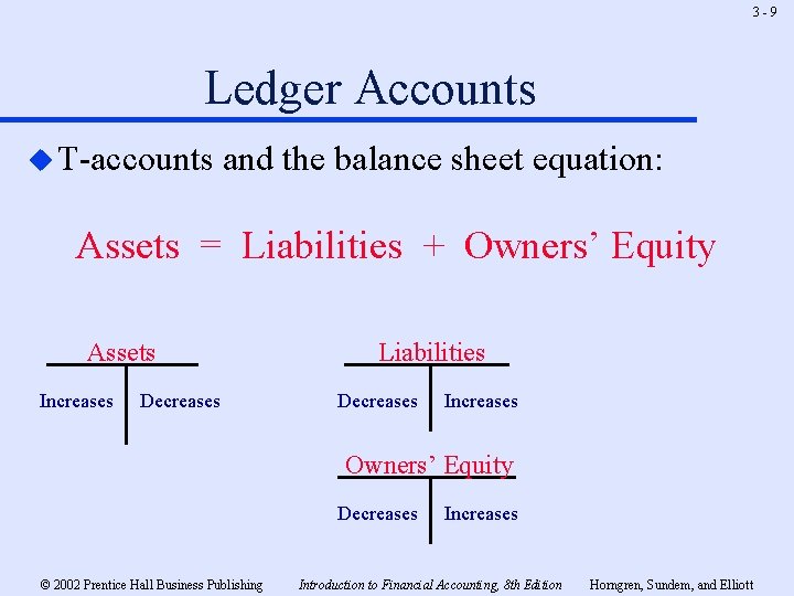 3 -9 Ledger Accounts u T-accounts and the balance sheet equation: Assets = Liabilities