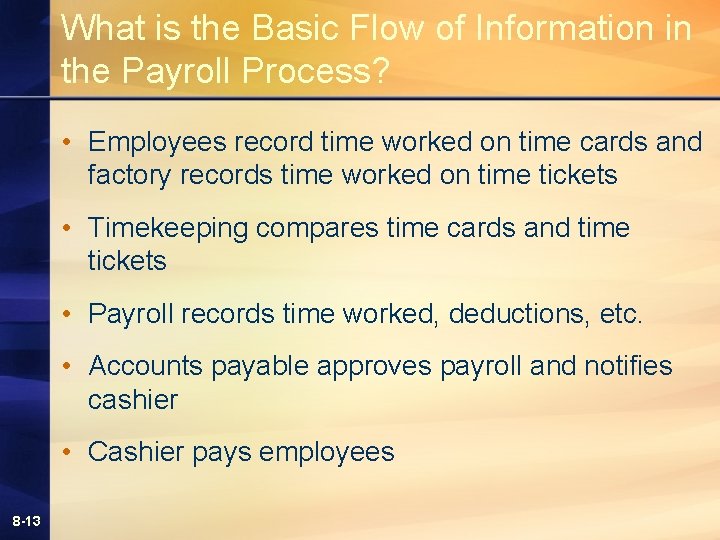 What is the Basic Flow of Information in the Payroll Process? • Employees record What is the Basic Flow of Information in the Payroll Process? • Employees record