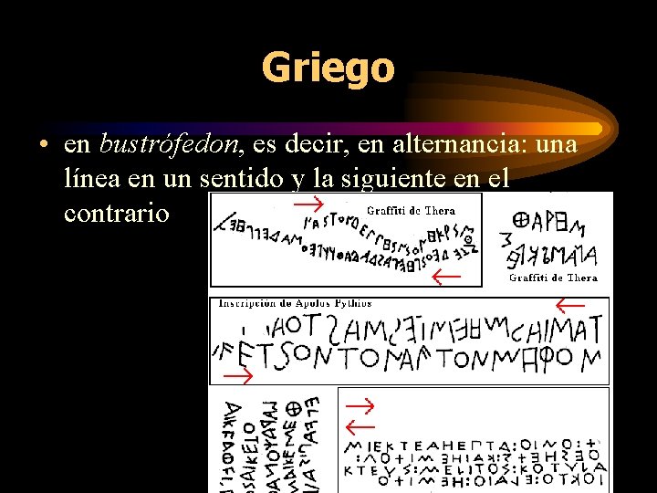 Griego • en bustrófedon, es decir, en alternancia: una línea en un sentido y Griego • en bustrófedon, es decir, en alternancia: una línea en un sentido y