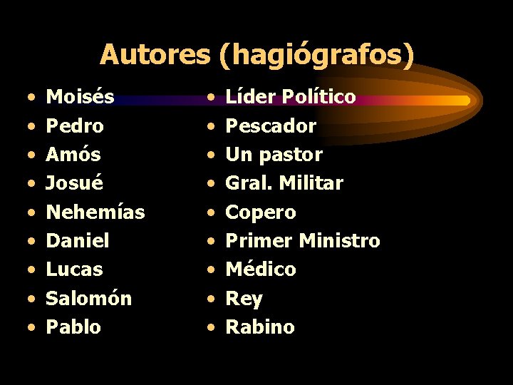 Autores (hagiógrafos) • • • Moisés Pedro Amós Josué Nehemías Daniel Lucas Salomón Pablo Autores (hagiógrafos) • • • Moisés Pedro Amós Josué Nehemías Daniel Lucas Salomón Pablo