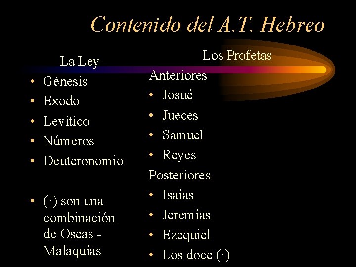 Contenido del A. T. Hebreo • • • La Ley Génesis Exodo Levítico Números Contenido del A. T. Hebreo • • • La Ley Génesis Exodo Levítico Números