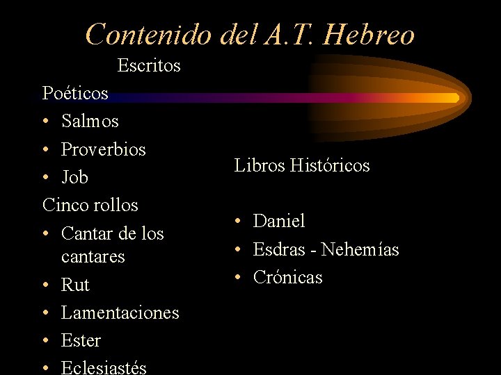 Contenido del A. T. Hebreo Escritos Poéticos • Salmos • Proverbios • Job Cinco Contenido del A. T. Hebreo Escritos Poéticos • Salmos • Proverbios • Job Cinco
