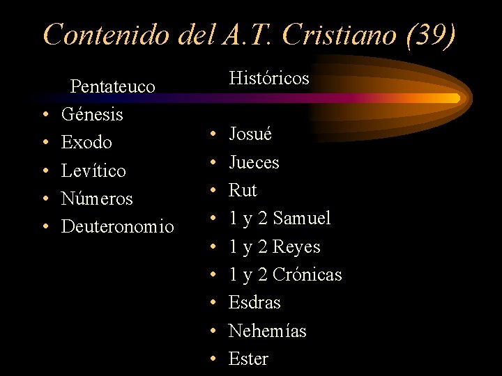Contenido del A. T. Cristiano (39) • • • Pentateuco Génesis Exodo Levítico Números Contenido del A. T. Cristiano (39) • • • Pentateuco Génesis Exodo Levítico Números