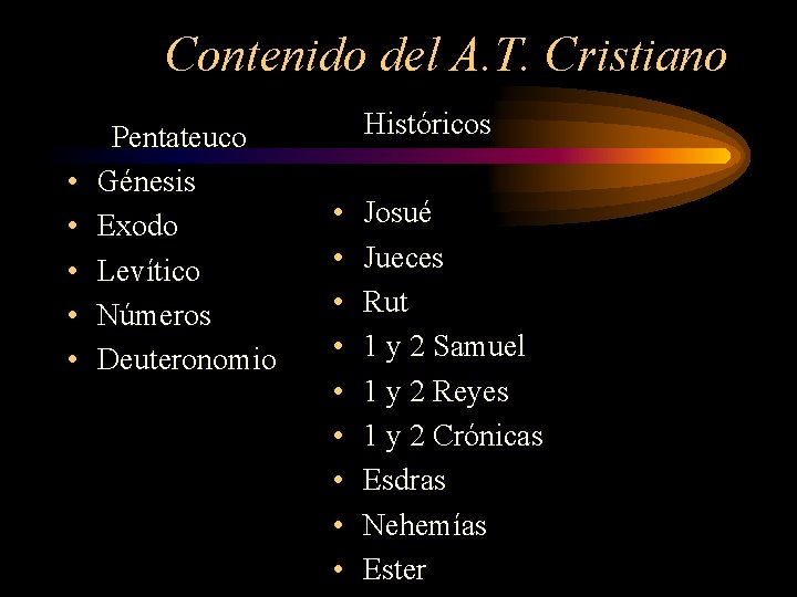 Contenido del A. T. Cristiano • • • Pentateuco Génesis Exodo Levítico Números Deuteronomio Contenido del A. T. Cristiano • • • Pentateuco Génesis Exodo Levítico Números Deuteronomio