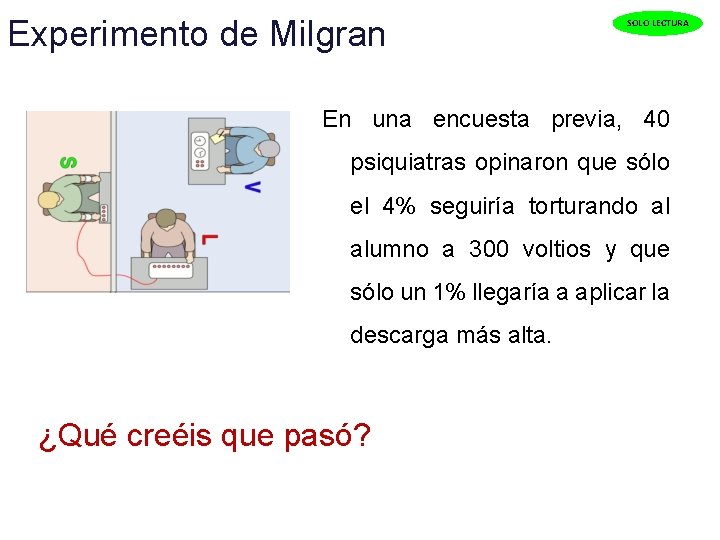 Experimento de Milgran SOLO LECTURA En una encuesta previa, 40 psiquiatras opinaron que sólo