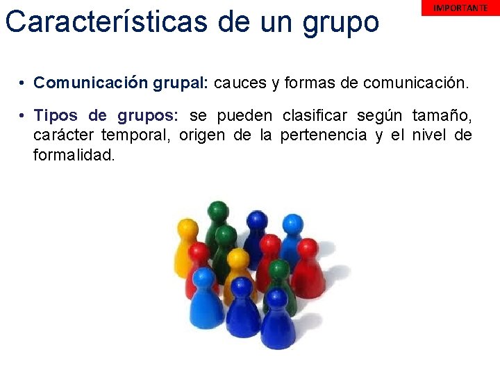 Características de un grupo IMPORTANTE • Comunicación grupal: cauces y formas de comunicación. •