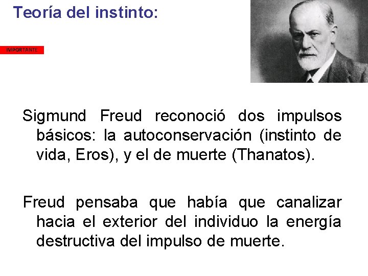  Teoría del instinto: IMPORTANTE Sigmund Freud reconoció dos impulsos básicos: la autoconservación (instinto