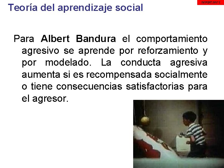  Teoría del aprendizaje social IMPORTANTE Para Albert Bandura el comportamiento agresivo se aprende