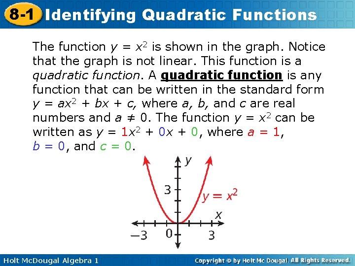8 -1 Identifying Quadratic Functions The function y = x 2 is shown in