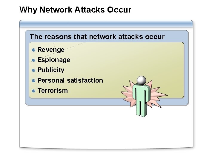 Why Network Attacks Occur The reasons that network attacks occur include: Revenge Espionage Publicity