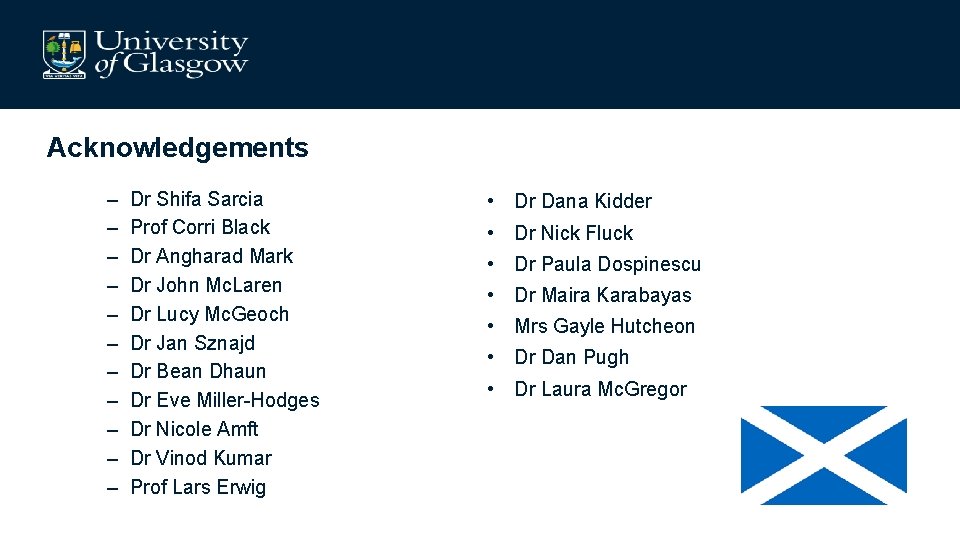 Acknowledgements – – – Dr Shifa Sarcia Prof Corri Black Dr Angharad Mark Dr