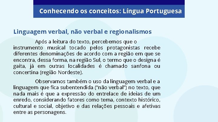 Conhecendo os conceitos: Língua Portuguesa Linguagem verbal, não verbal e regionalismos Após a leitura