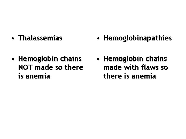  • Thalassemias • Hemoglobinapathies • Hemoglobin chains NOT made so there is anemia