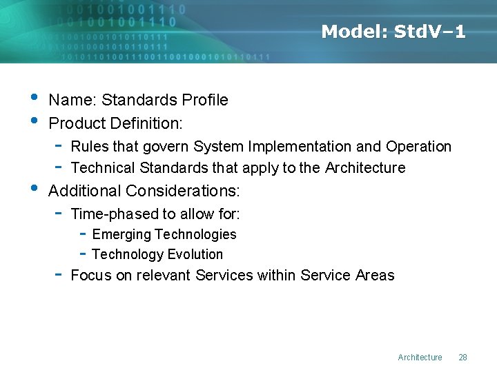 Model: Std. V– 1 • • • Name: Standards Profile Product Definition: - Rules