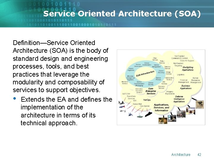 Service Oriented Architecture (SOA) Definition—Service Oriented Architecture (SOA) is the body of standard design