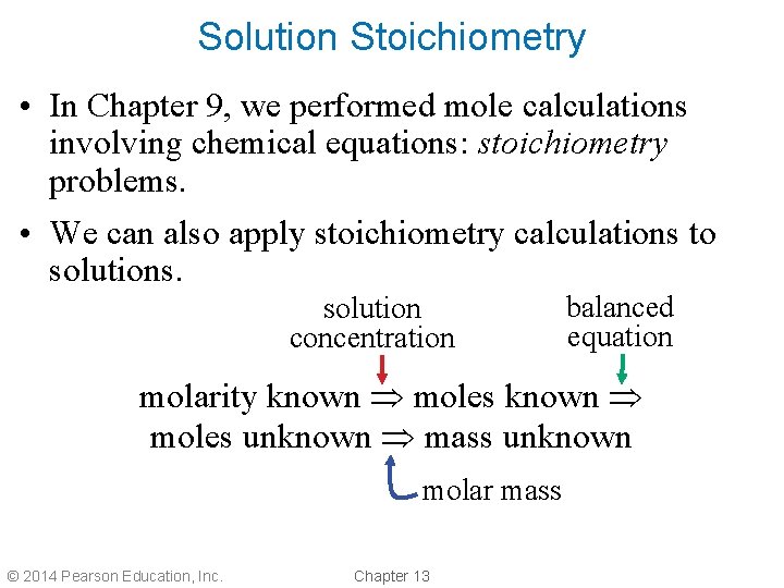 Solution Stoichiometry • In Chapter 9, we performed mole calculations involving chemical equations: stoichiometry